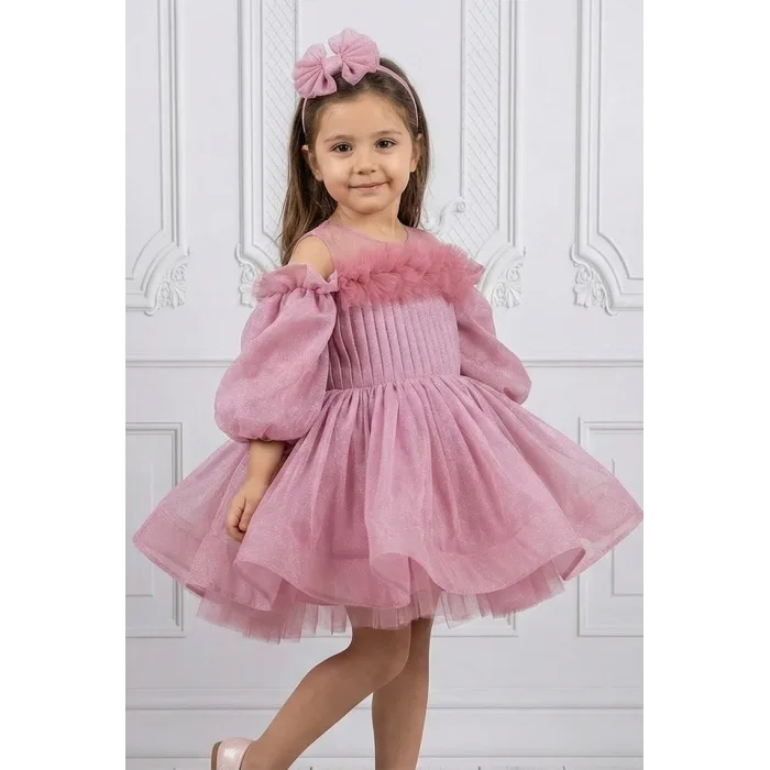 Kız Çocuk Gül Kurusu Parıltılı Üstü Tül Detaylı Kabarık Elbise