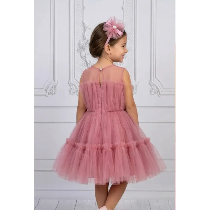 Kız Çocuk Gül Kurusu Şeffaf Üst Ön Fiyonk Detaylı Kemerli Kabarık Elbise