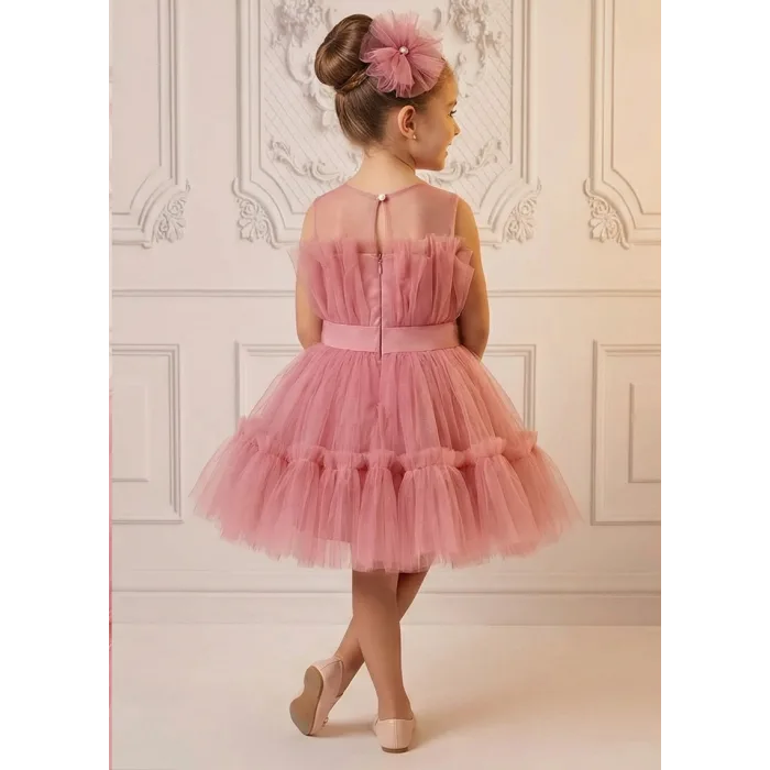 Kız Çocuk Gül Kurusu Şeffaf Üst Ön Fiyonk Detaylı Kemerli Kabarık Elbise