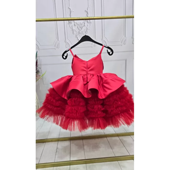 Kız Çocuk Kırmızı Tütül Etek Büzgülü Gelinlik Abiye