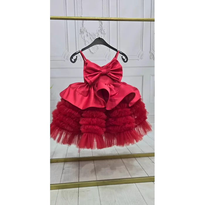 Kız Çocuk Kırmızı Tütül Etek Büzgülü Gelinlik Abiye