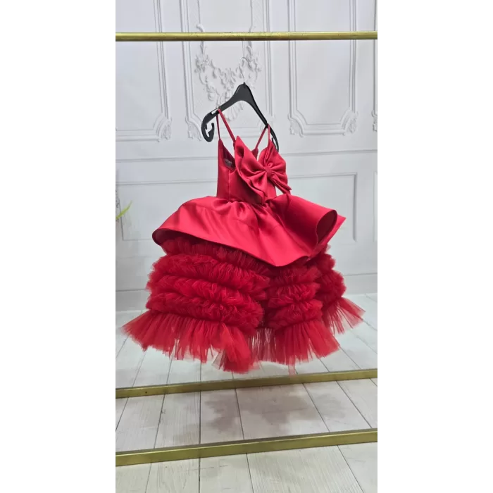 Kız Çocuk Kırmızı Tütül Etek Büzgülü Gelinlik Abiye
