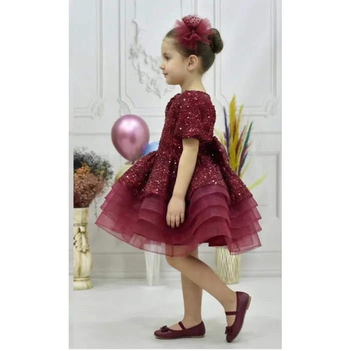 Kız Çocuk Kabarık Bordo Boncuklu Kısa Balon Kol