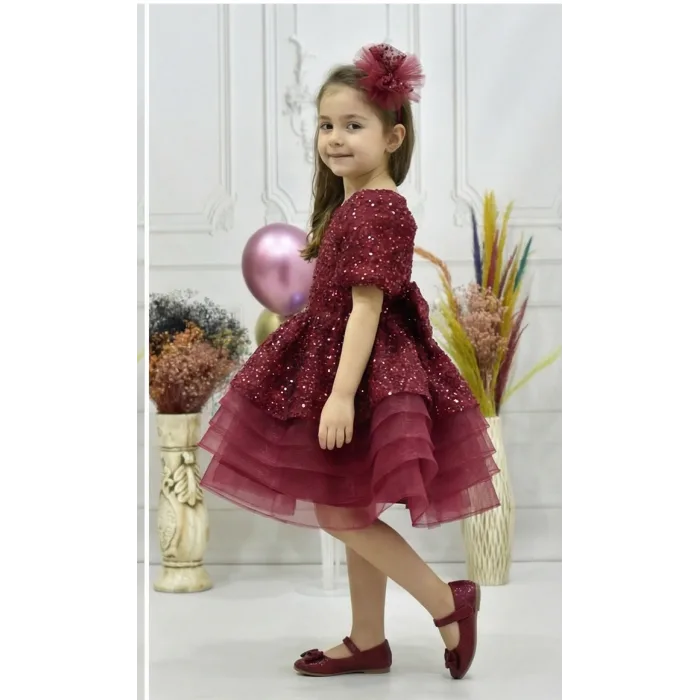 Kız Çocuk Kabarık Bordo Boncuklu Kısa Balon Kol