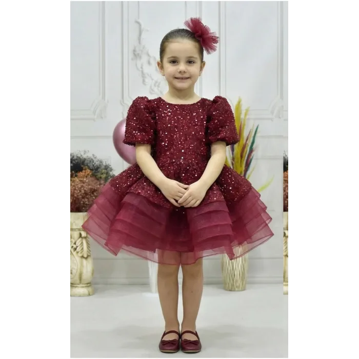 Kız Çocuk Kabarık Bordo Boncuklu Kısa Balon Kol