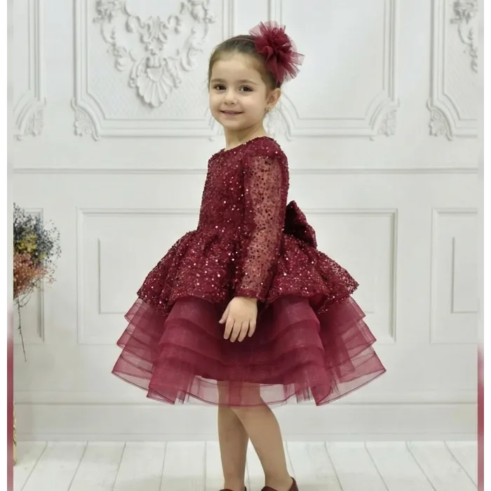 Kız Çocuk Kabarık Bordo Boncuklu Uzun Kol Gren Etekli Elbise