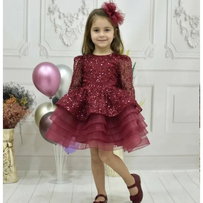 Kız Çocuk Kabarık Bordo Boncuklu Uzun Kol Gren Etekli Elbise