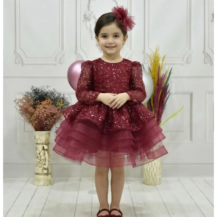 Kız Çocuk Kabarık Bordo Boncuklu Uzun Kol Gren Etekli Elbise