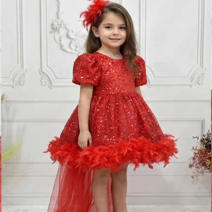 Kız Çocuk Kırmızı Arkası Tüylü Kısa Balon Kol Elbise Abiye