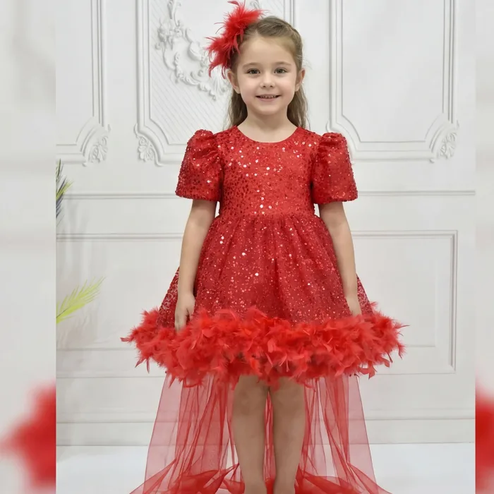 Kız Çocuk Kırmızı Arkası Tüylü Kısa Balon Kol Elbise Abiye