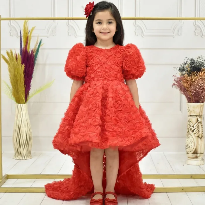 Kız Çocuk Kırmızı Arkası V Yaka Gül Desenli Kısa Balon Kol Elbise Abiye