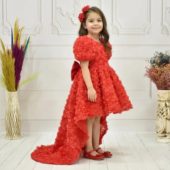 Kız Çocuk Kırmızı Arkası V Yaka Gül Desenli Kısa Balon Kol Elbise Abiye