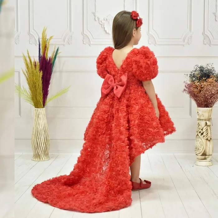 Kız Çocuk Kırmızı Arkası V Yaka Gül Desenli Kısa Balon Kol Elbise Abiye