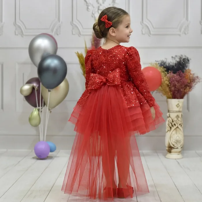 Kız Çocuk Kırmızı Boncuk İşlemeli Kabarık Elbise