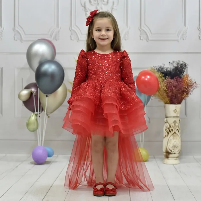 Kız Çocuk Kırmızı Boncuk İşlemeli Kabarık Elbise