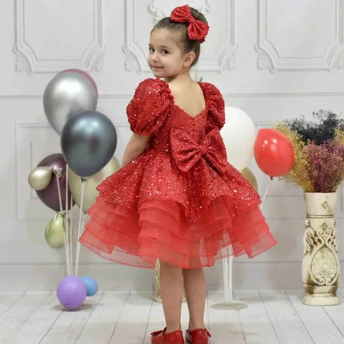 Kız Çocuk Kırmızı Boncuklu Payetli Kabarık Elbise