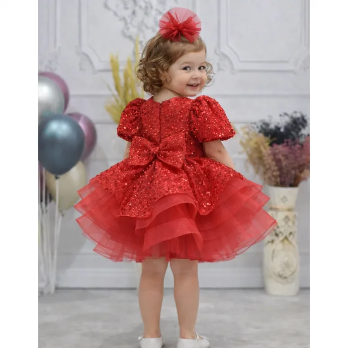 Kız Çocuk Kırmızı Boncuklu Payetli Kabarık Elbise