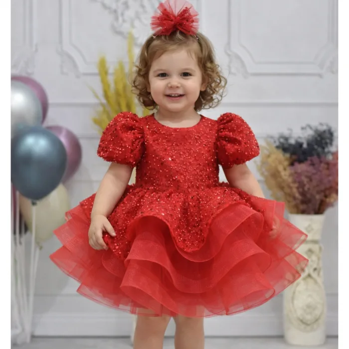 Kız Çocuk Kırmızı Boncuklu Payetli Kabarık Elbise