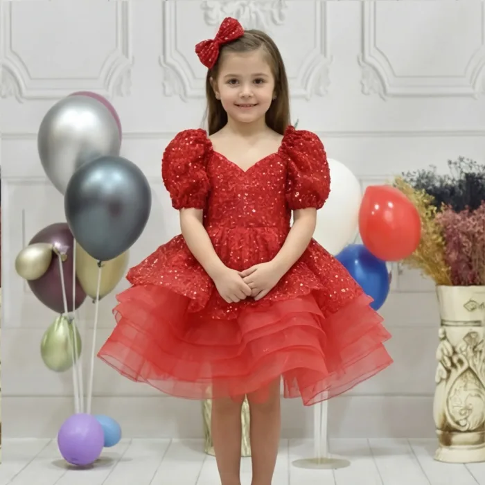 Kız Çocuk Kırmızı Boncuklu Payetli Kabarık Elbise