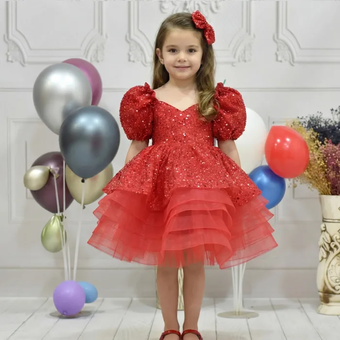 Kız Çocuk Kırmızı Boncuklu Payetli Kabarık Elbise