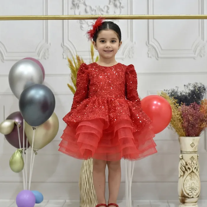 Kız Çocuk Kırmızı Boncuklu Payetli Kalp Detaylı Kabarık Elbise