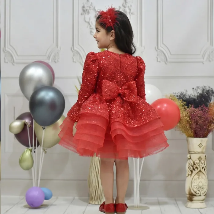 Kız Çocuk Kırmızı Boncuklu Payetli Kalp Detaylı Kabarık Elbise