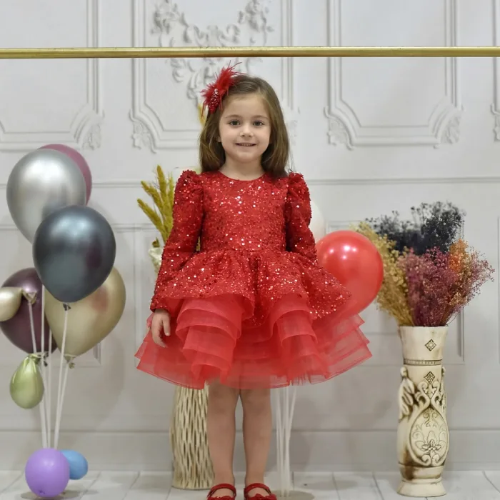 Kız Çocuk Kırmızı Boncuklu Payetli Kalp Detaylı Kabarık Elbise