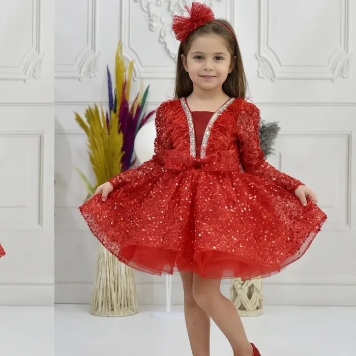 Kız Çocuk Kırmızı Boncuklu Payetli Yakası Taş İşlemeli Dekolteli Kabarık Elbise