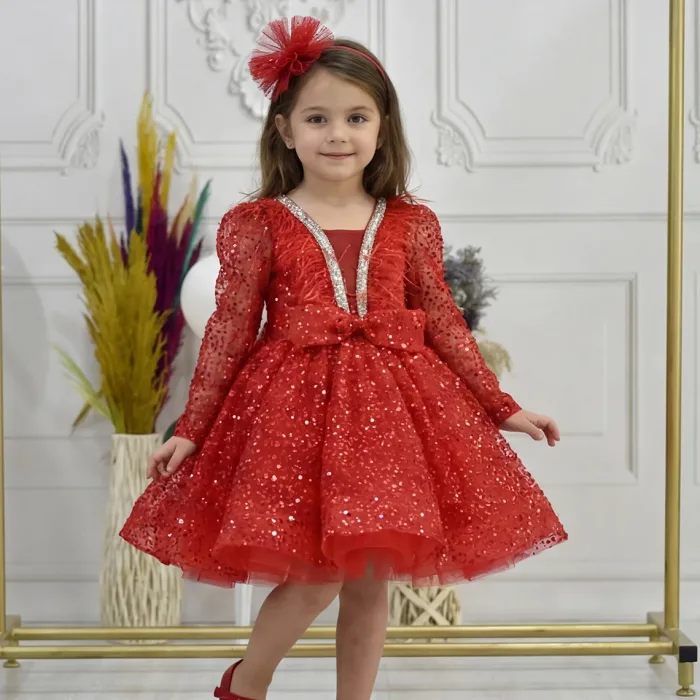 Kız Çocuk Kırmızı Boncuklu Payetli Yakası Taş İşlemeli Dekolteli Kabarık Elbise