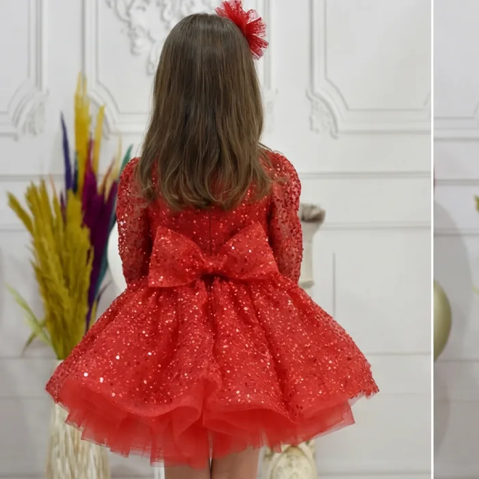 Kız Çocuk Kırmızı Boncuklu Payetli Yakası Taş İşlemeli Dekolteli Kabarık Elbise