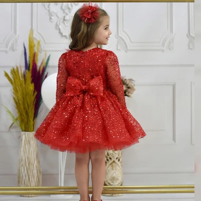 Kız Çocuk Kırmızı Boncuklu Payetli Yakası Taş İşlemeli Dekolteli Kabarık Elbise