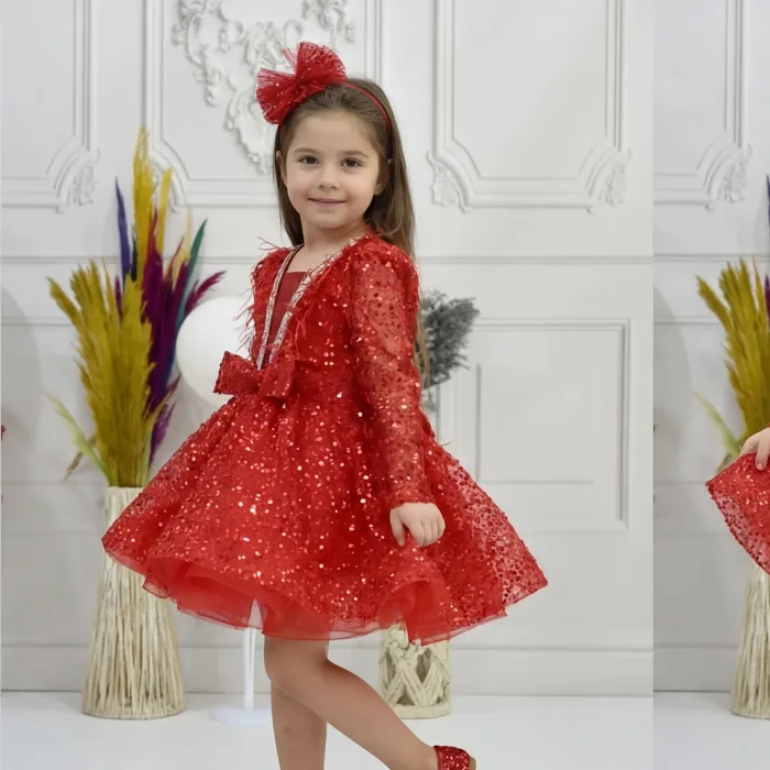 Kız Çocuk Kırmızı Boncuklu Payetli Yakası Taş İşlemeli Dekolteli Kabarık Elbise