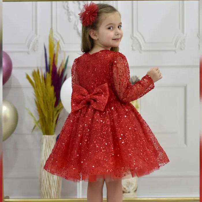 Kız Çocuk Kırmızı Boncuklu Payetli Yakası Taş İşlemeli Dekolteli Kabarık Elbise
