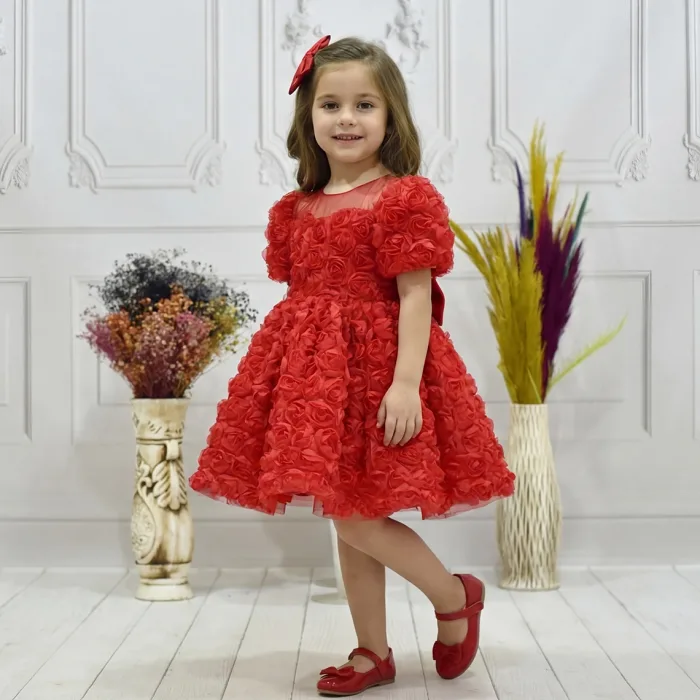 Kız Çocuk Kırmızı Gül Desenli Kısa Balon Kol Kabarık Elbise