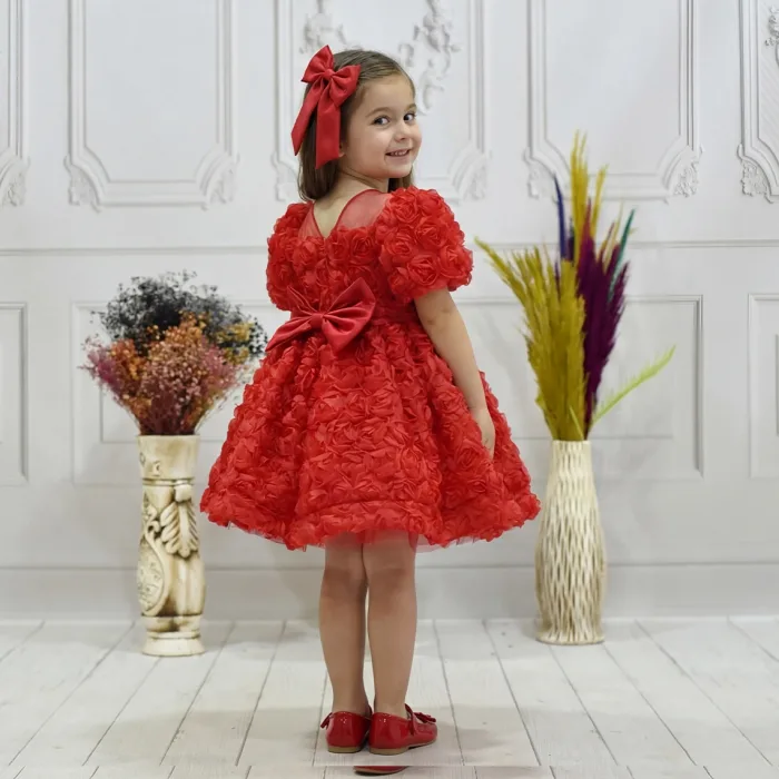 Kız Çocuk Kırmızı Gül Desenli Kısa Balon Kol Kabarık Elbise