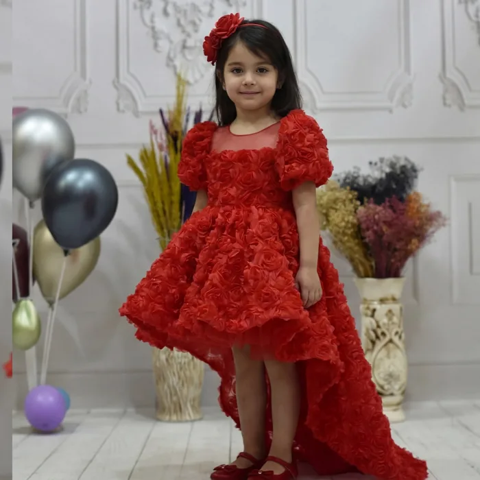 Kız Çocuk Kırmızı Gül Desenli Kuyruklu Elbise Abiye
