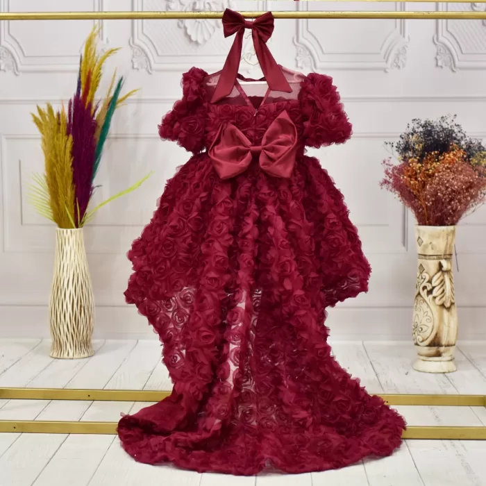 Kız Çocuk Bordo Gül Desenli Kuyruklu Elbise Abiye