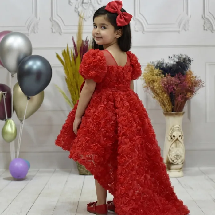 Kız Çocuk Kırmızı Gül Desenli Kuyruklu Elbise Abiye