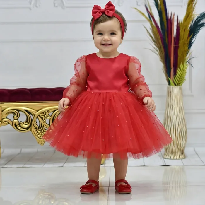 Kız Çocuk Kırmızı incili Uzun Kol Kabarık Elbise