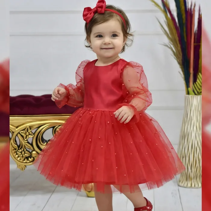 Kız Çocuk Kırmızı incili Uzun Kol Kabarık Elbise