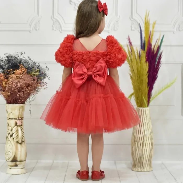 Kız Çocuk Kırmızı Kabarık Gül Desenli Tül Etek şeffaf Kısa Balon Kol Elbise