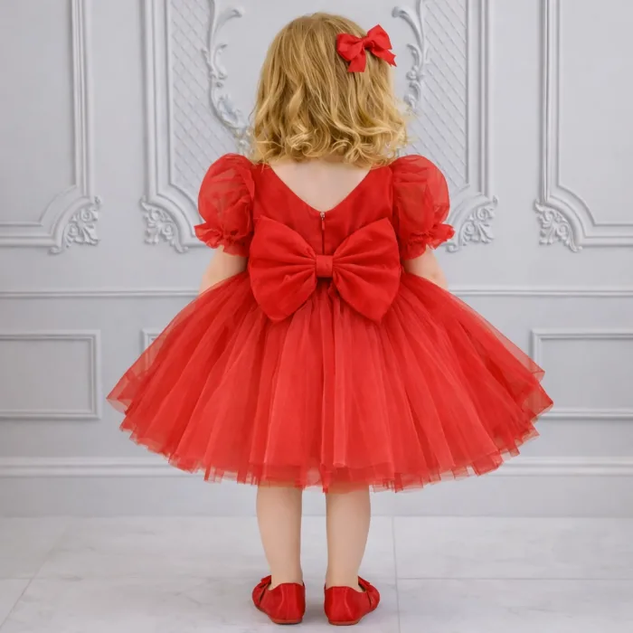 Kız Çocuk Kırmızı Kalp Detaylı Balon Kısa Kol Elbise Abiye