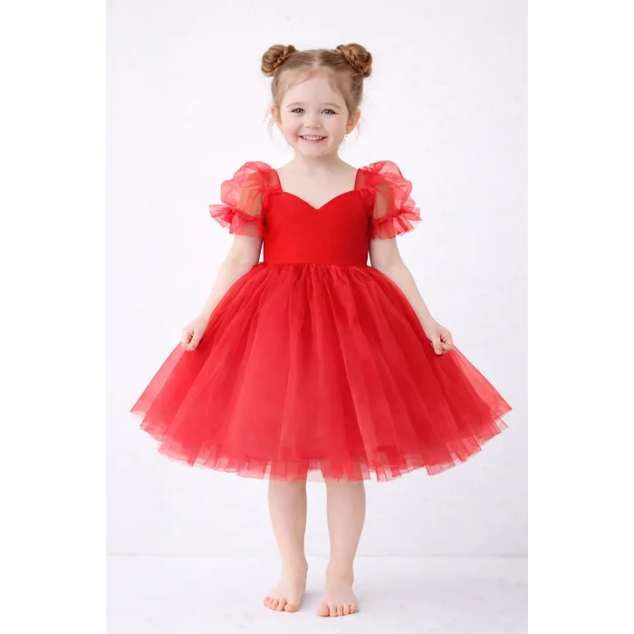 Kız Çocuk Kırmızı Kalp Detaylı Balon Kısa Kol Elbise Abiye