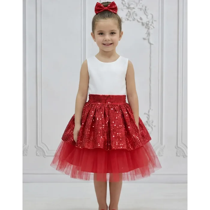 Kız Çocuk Kırmızı 23 nisan  Payetli Tütü Kabarık Etek
