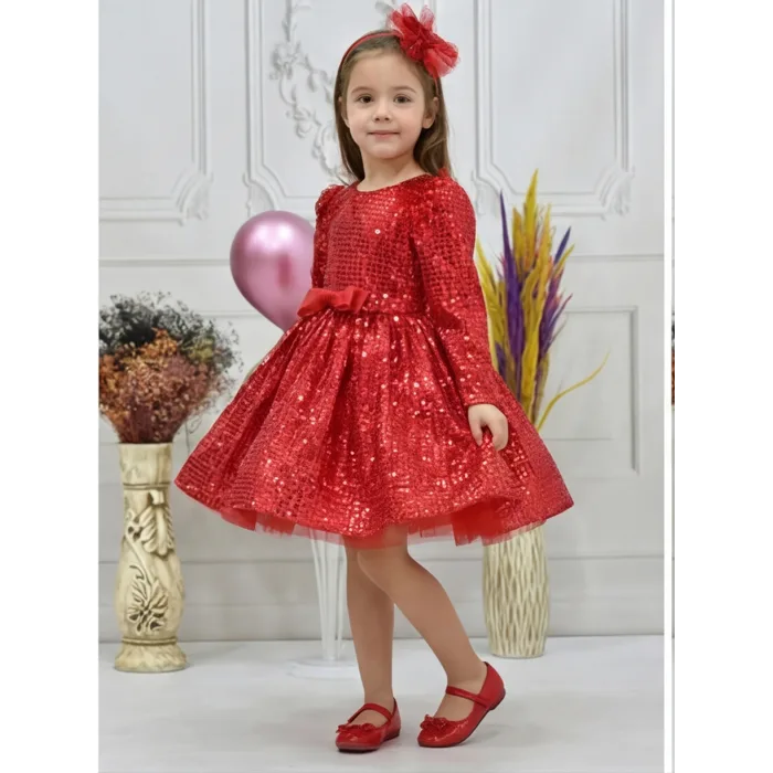 Kız Çocuk Kırmızı Payetli Tüy Detaylı Uzun Kol Bisiklet Yaka Grenli Kabarık Elbise