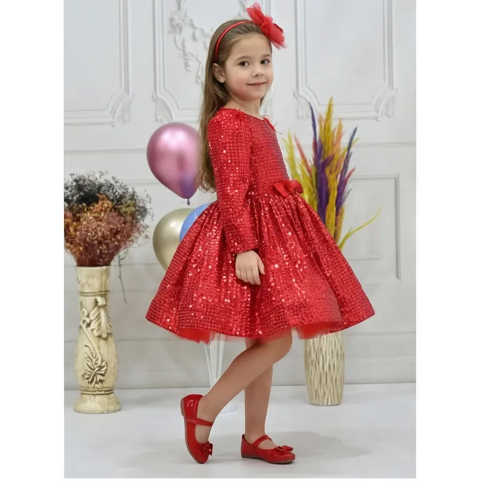 Kız Çocuk Kırmızı Payetli Tüy Detaylı Uzun Kol Bisiklet Yaka Grenli Kabarık Elbise