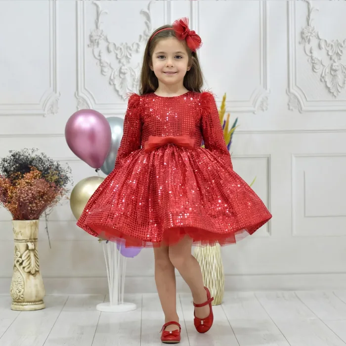 Kız Çocuk Kırmızı Payetli Tüy Detaylı Uzun Kol Bisiklet Yaka Grenli Kabarık Elbise