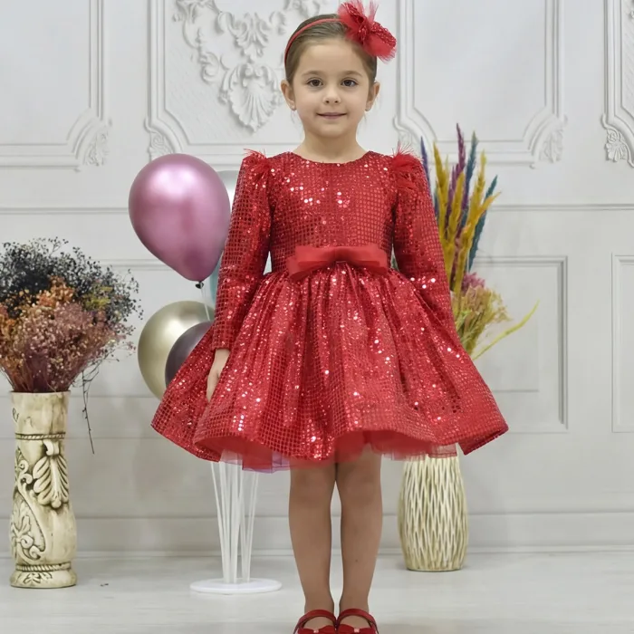Kız Çocuk Kırmızı Payetli Tüy Detaylı Uzun Kol Bisiklet Yaka Grenli Kabarık Elbise