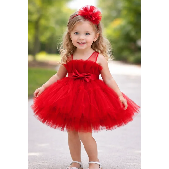 Kız Çocuk Kırmızı Şeffaf Üst Ön Fiyonk Detaylı Kemerli Kabarık