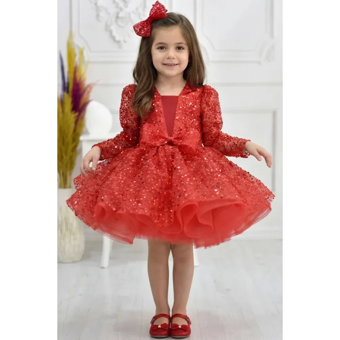 Kız Çocuk Kırmızı Taşlı Boncuklu Kabarık Uzun Kol Parıltılı Elbise